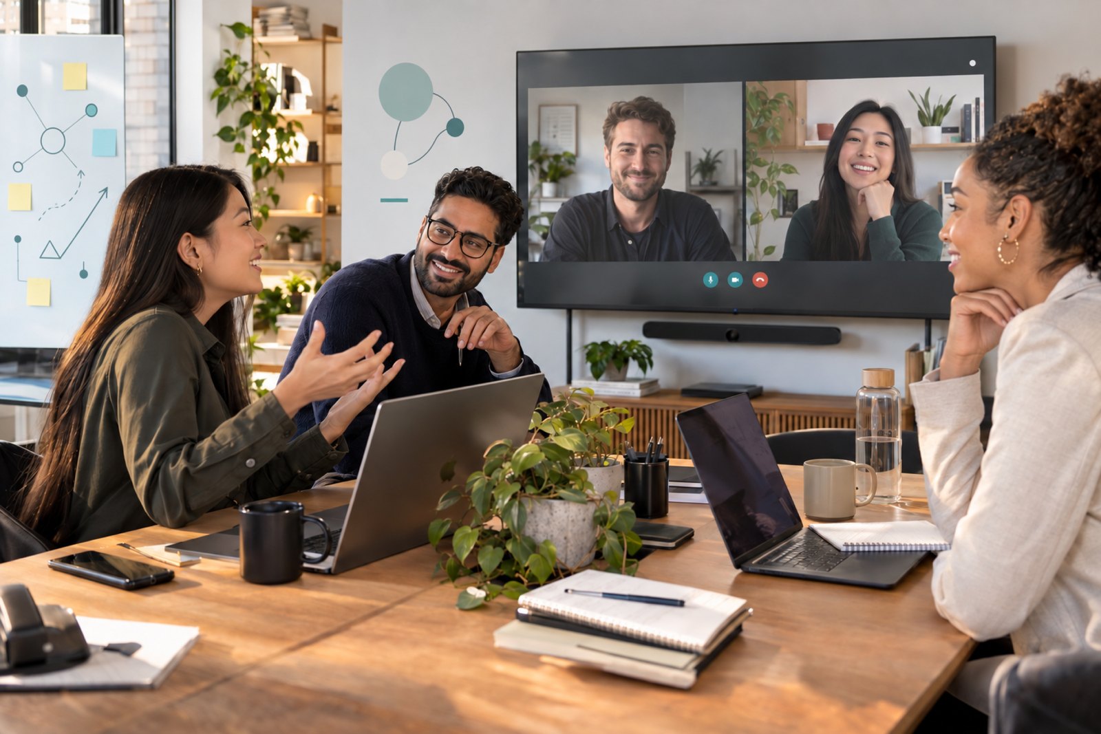 Equip de pilots en una reunió amb companys connectats per videotrucada